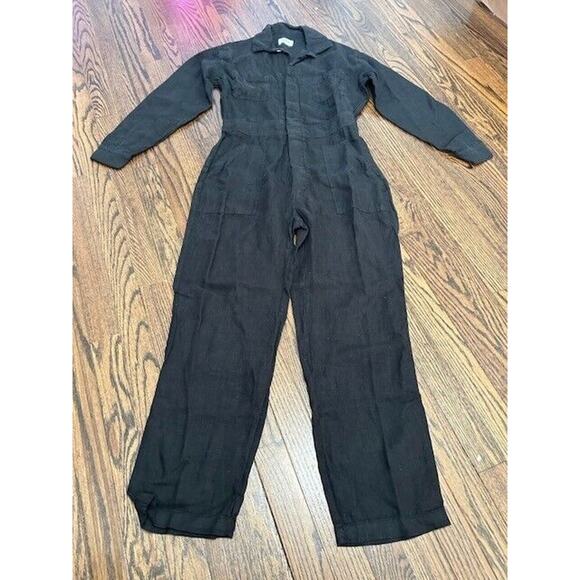 Mate The Label Linen Jumpsuit Long Sleeves Button Front Pockets Black Small NEW - Picture 2 of 9